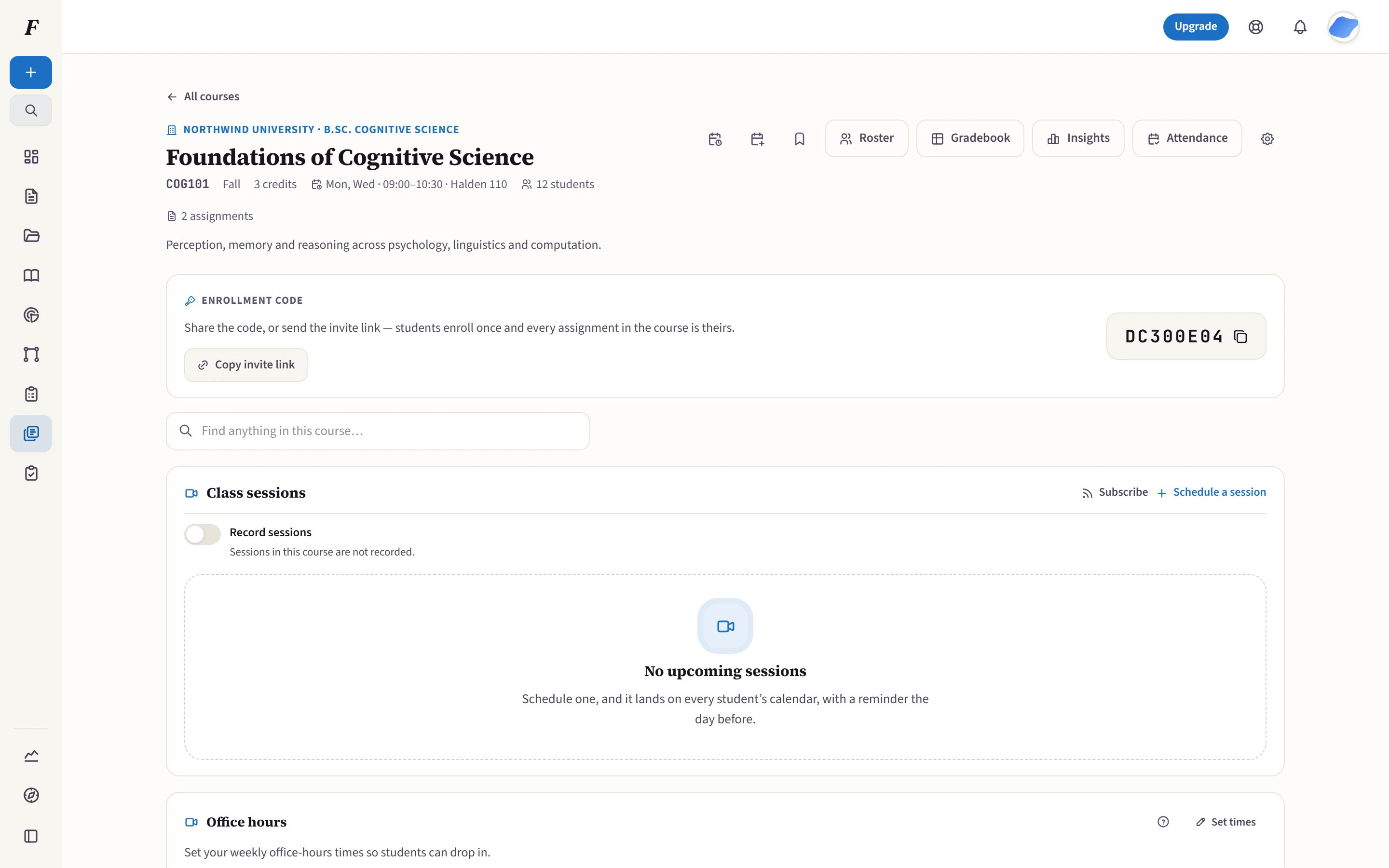 Folio course page with class-session scheduling, attendance, roster and recording controls for an enrolled course.