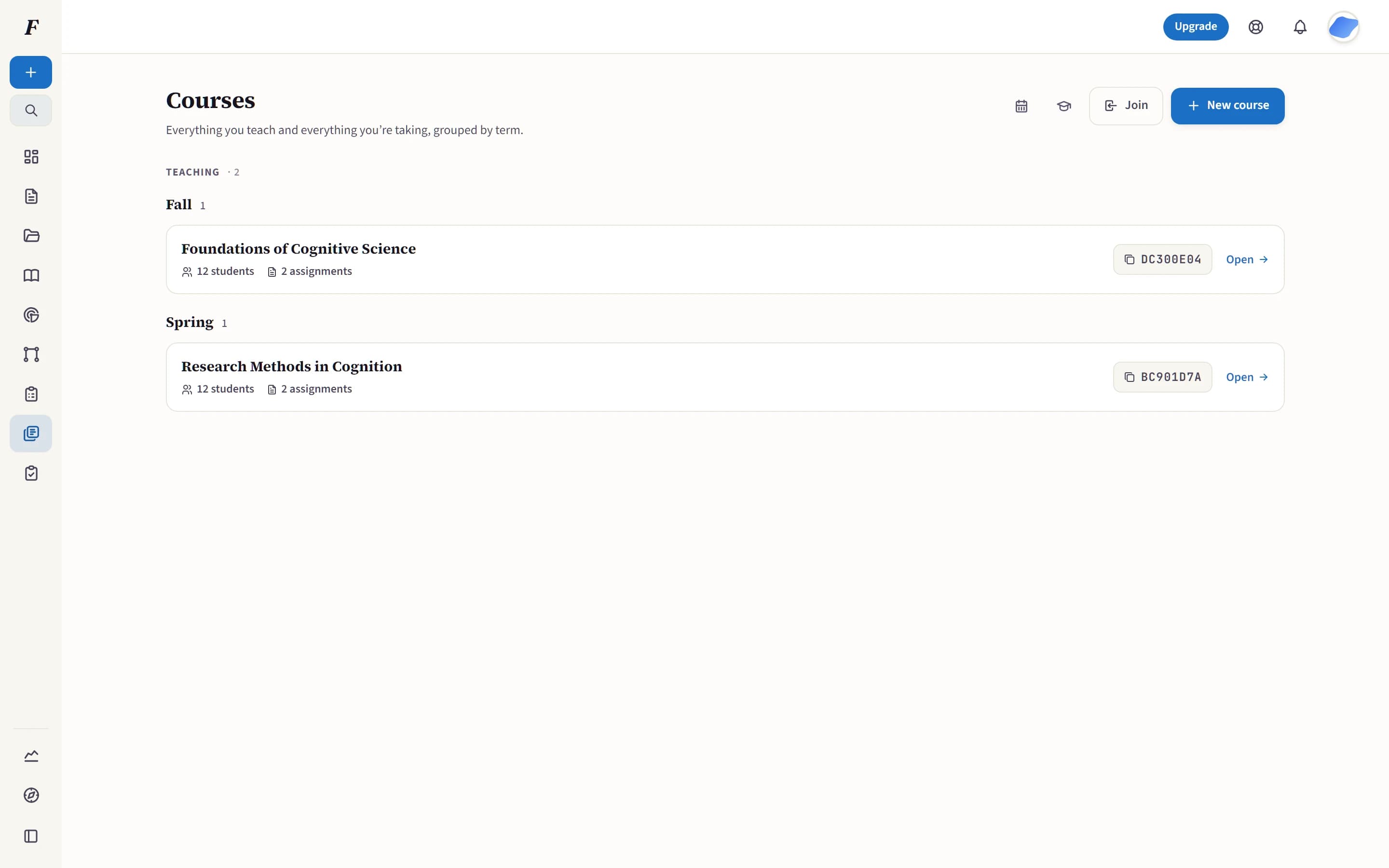 A Folio account listing taught courses and research work side by side, behind one login.