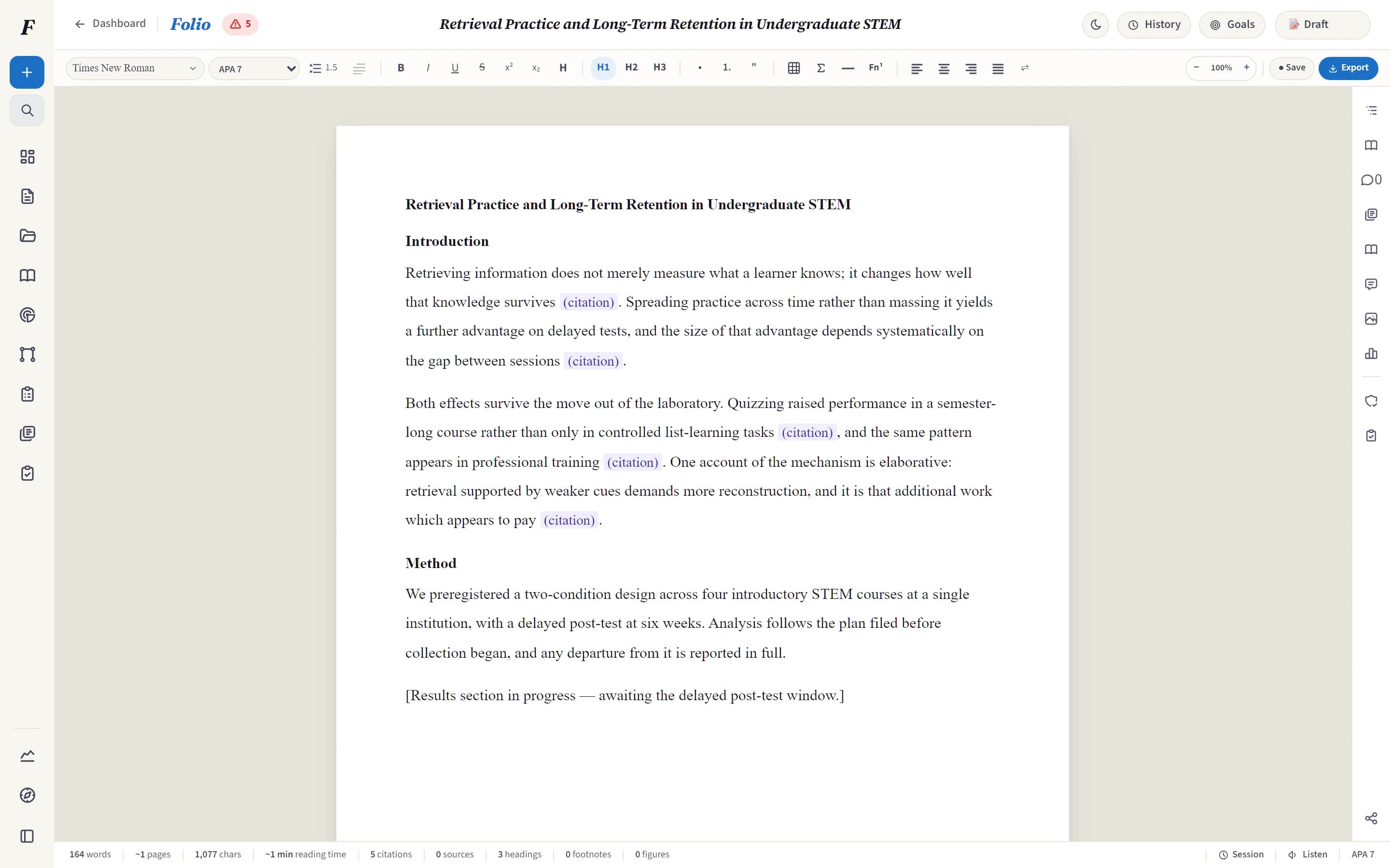 A research draft open in Folio’s editor, with citations, document history and review tools alongside the manuscript.