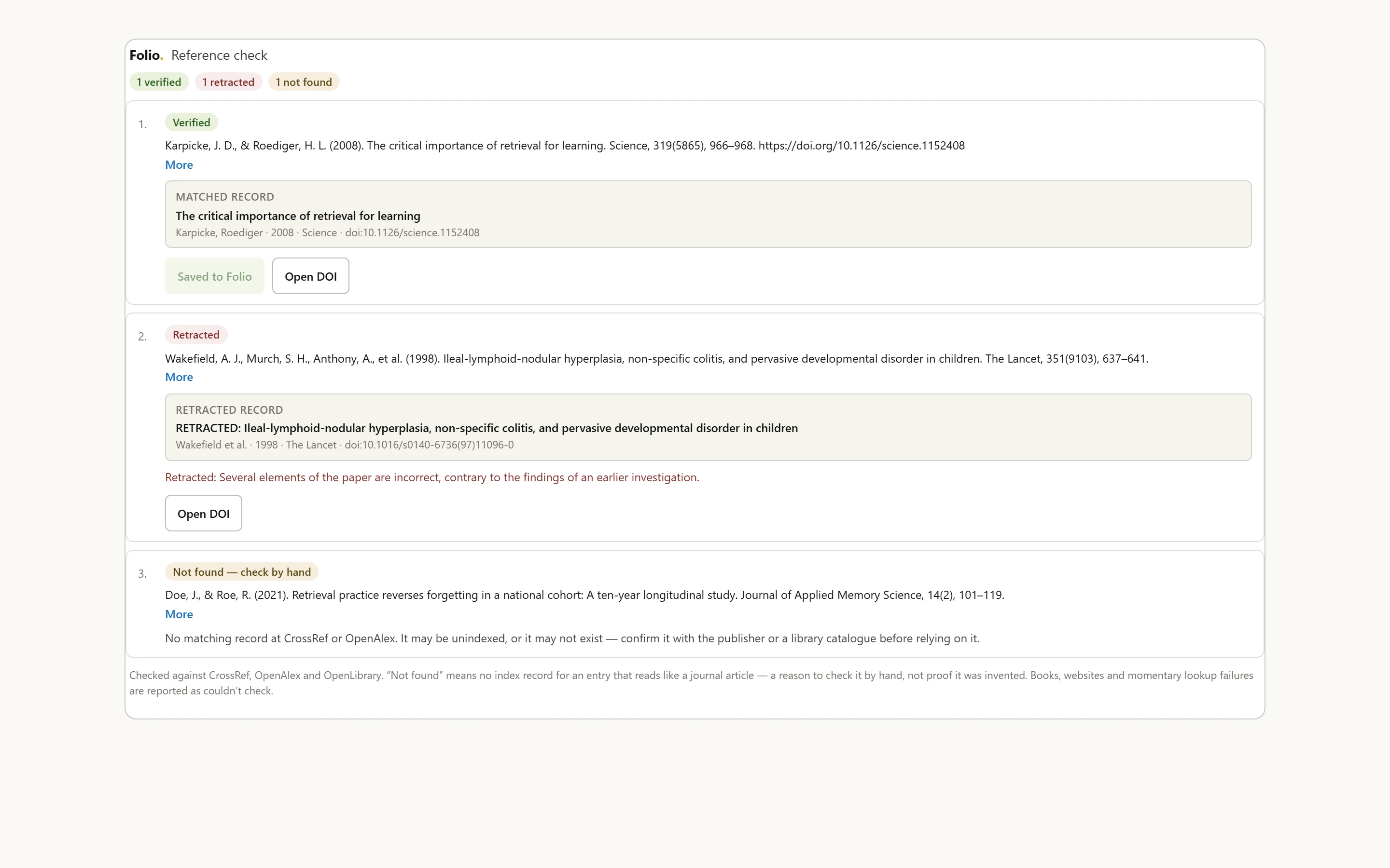Folio’s reference-check card rendered inside an AI assistant: a verdict for each pasted reference, the matched record, Open DOI and Save to Folio.