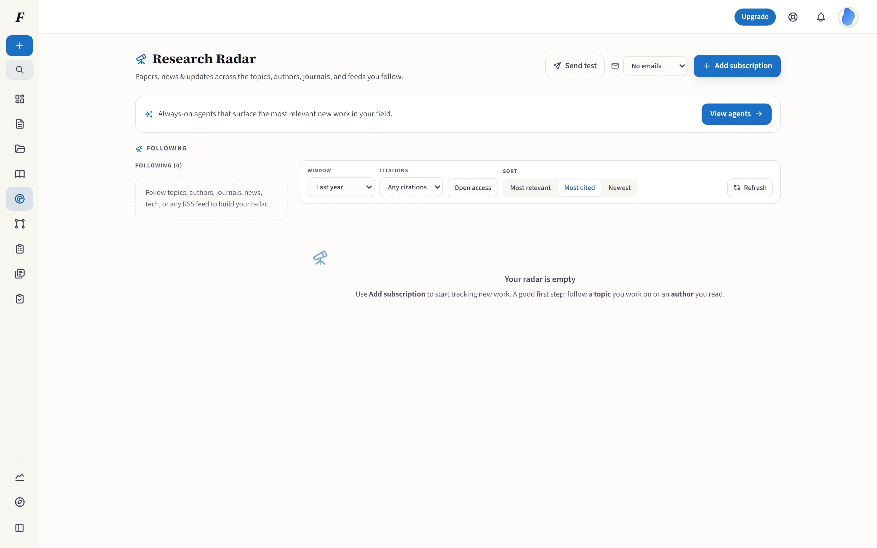 Folio Research Radar with topic and author subscriptions, citation filters and digest settings.