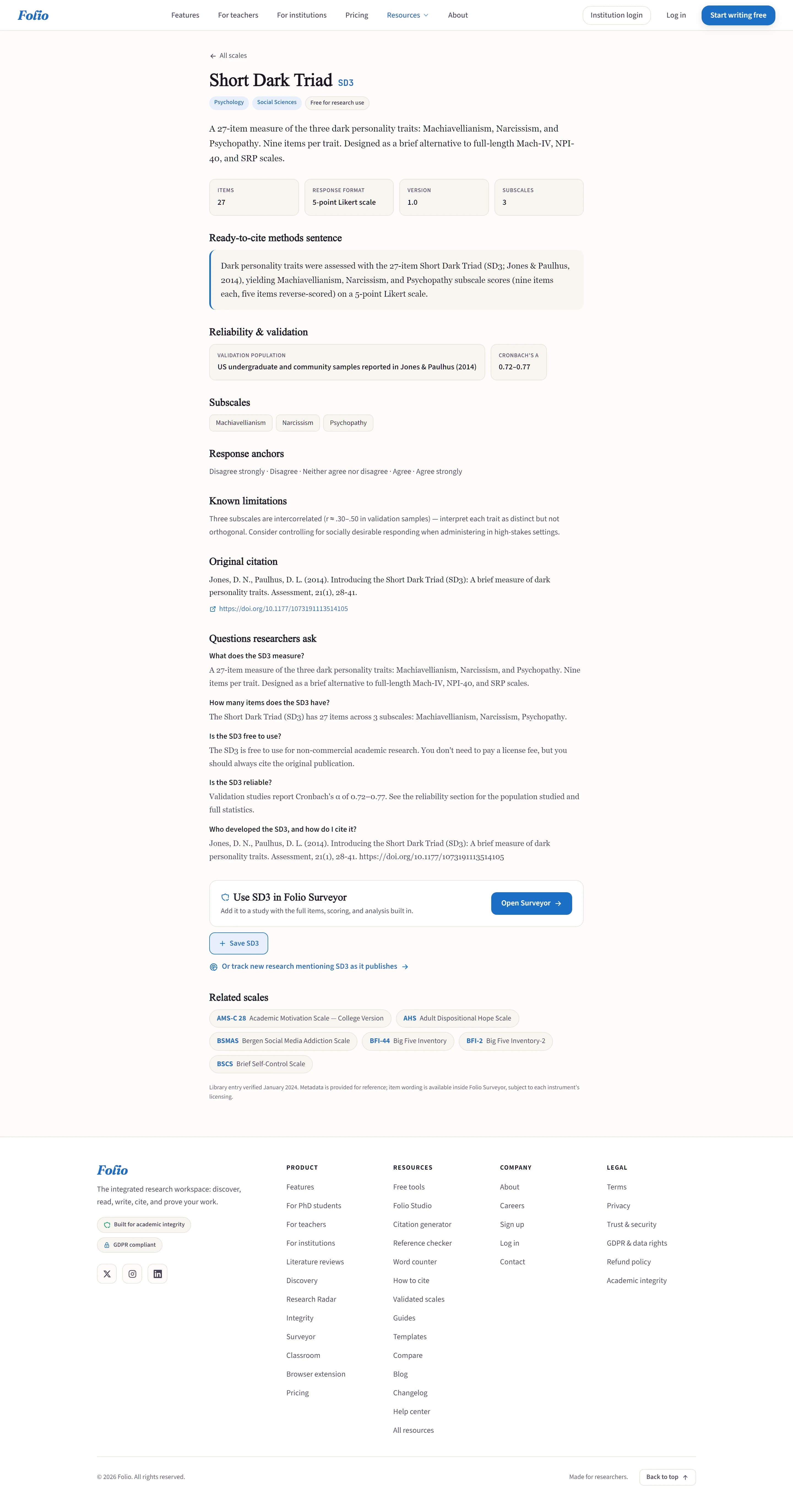 A Folio reference page for a validated research scale, with its reliability data and citation details.