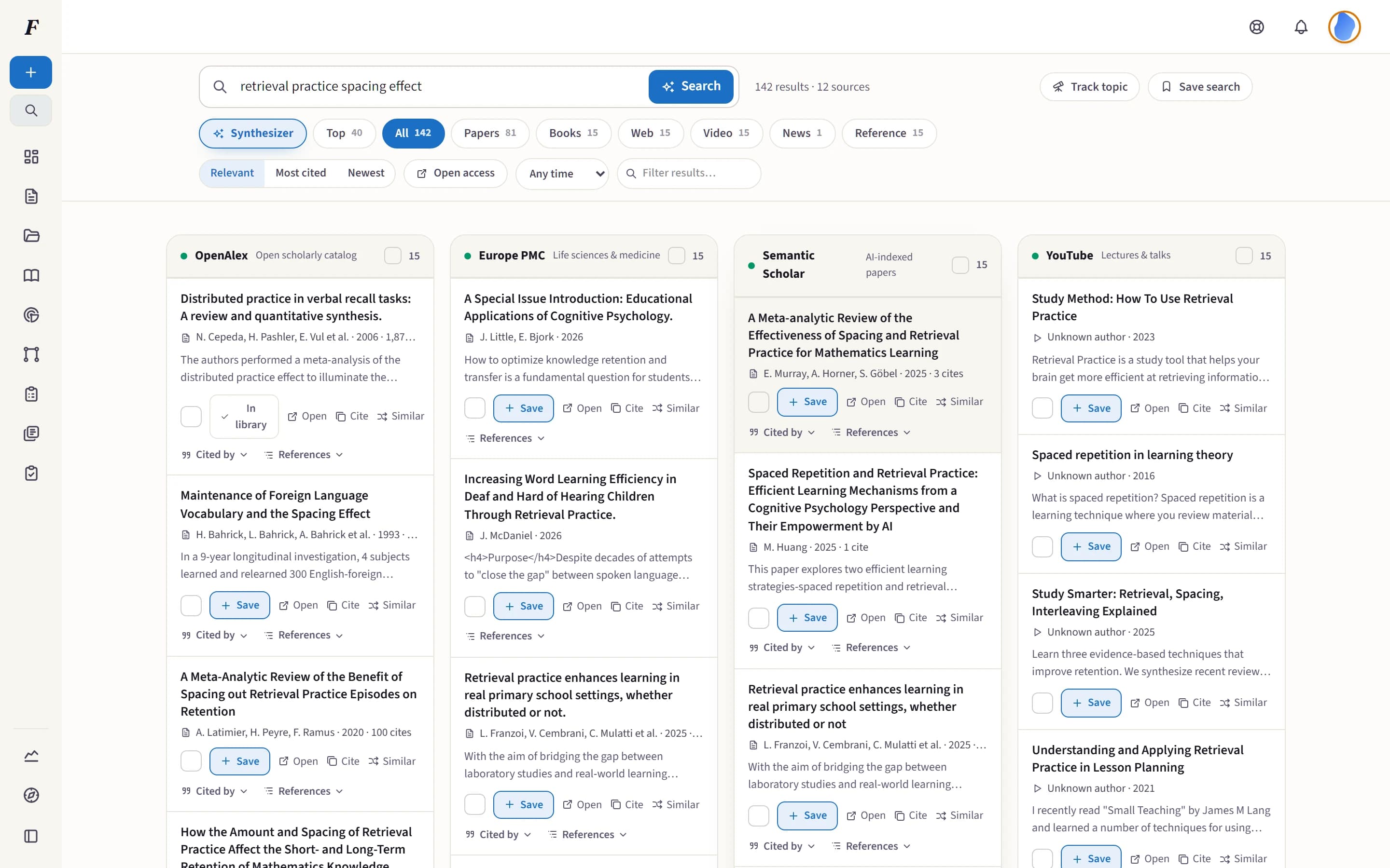 A live Folio Search returning real papers across its academic, book, web and video lanes at once.