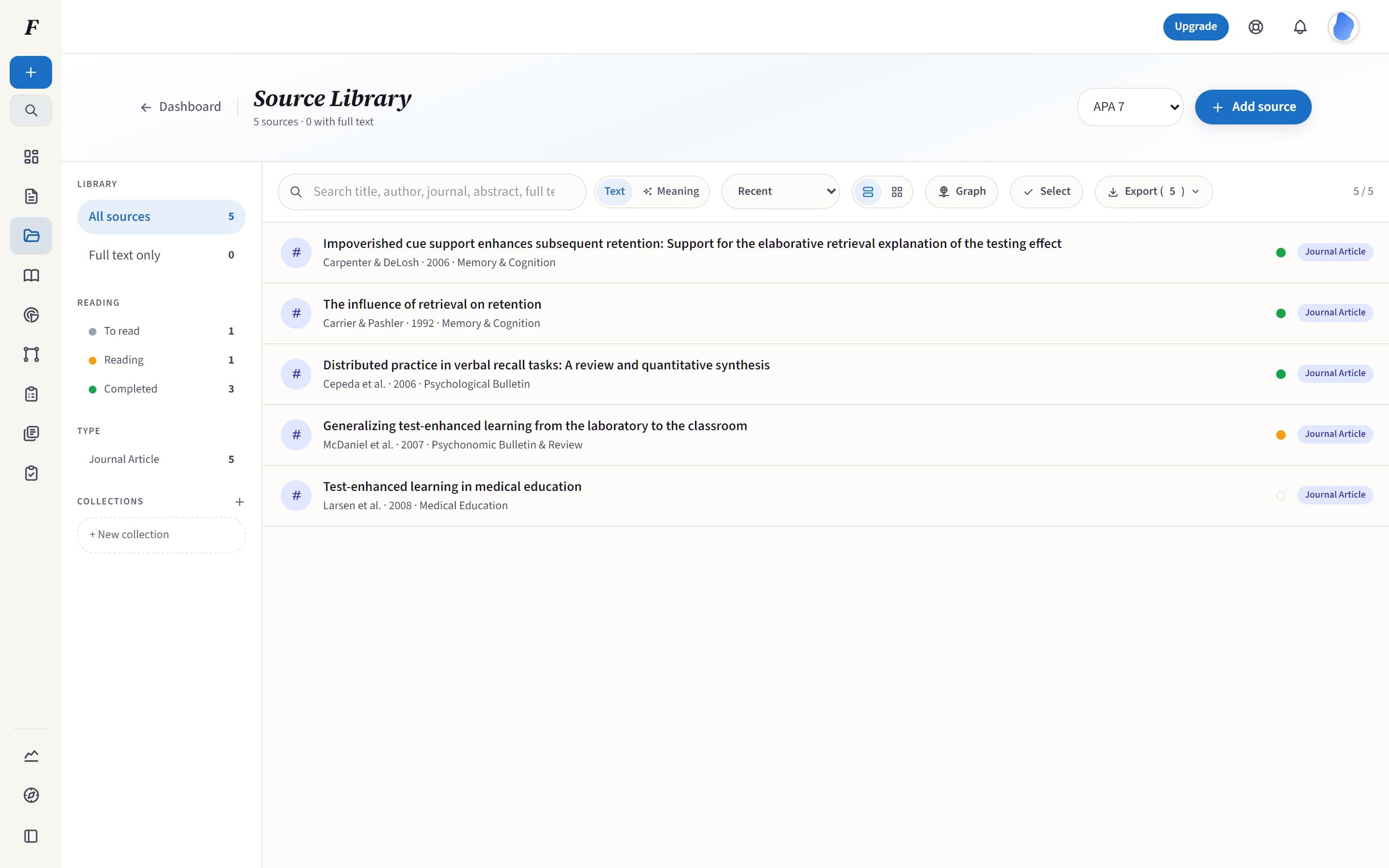 A Folio source library of real open-access papers with DOIs, reading state and open-access status.